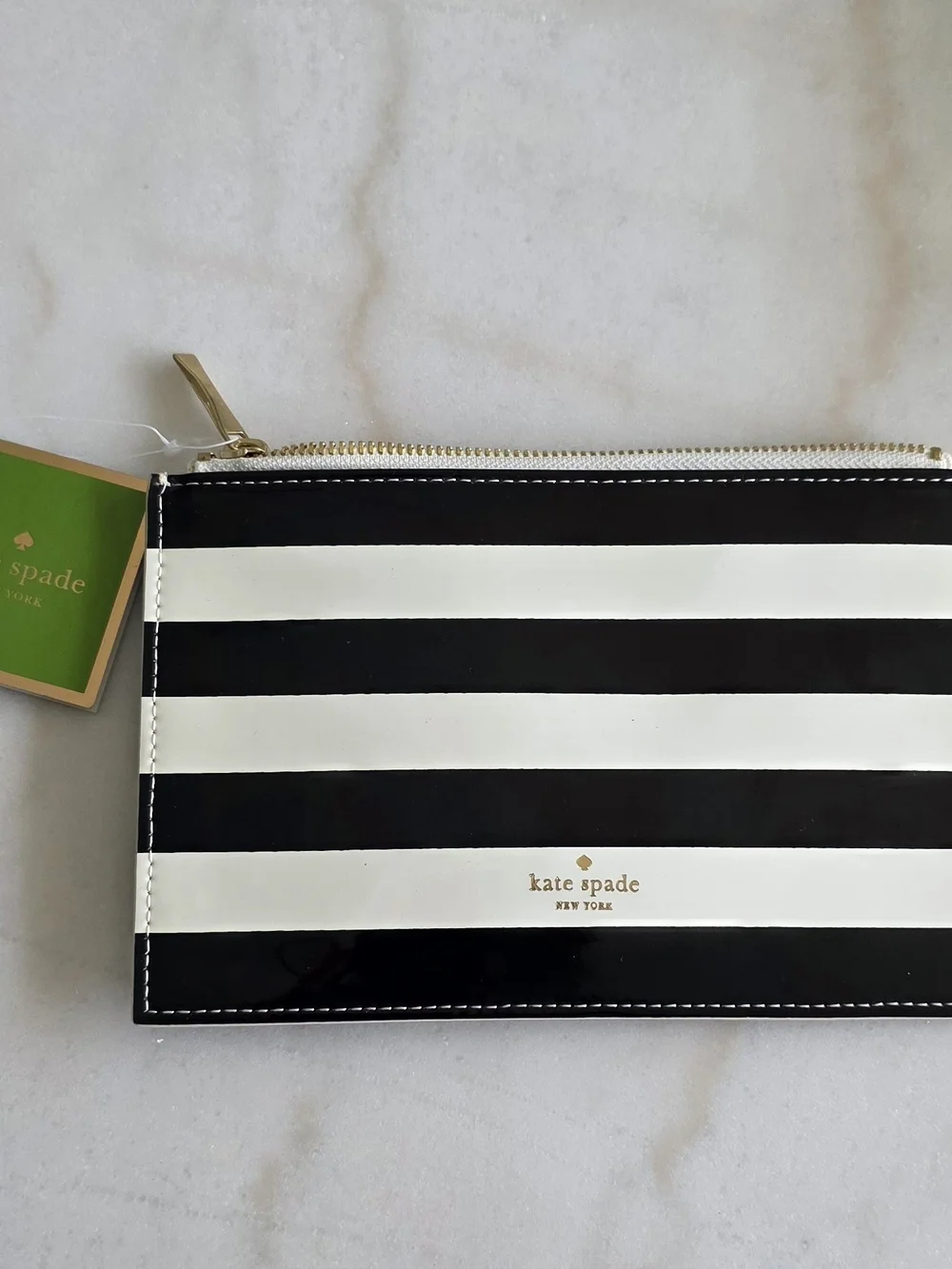 kate spade Black and White Stripe Zip Pouch with Gold Logo